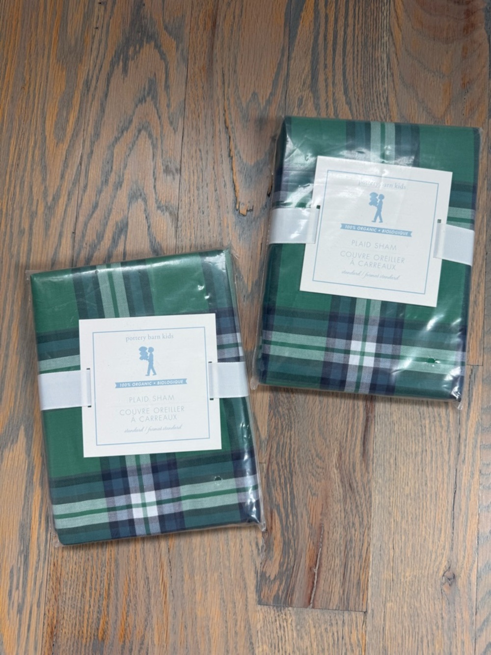 Pottery Barn Kids Green and Navy Plaid 2 standard pillowcases